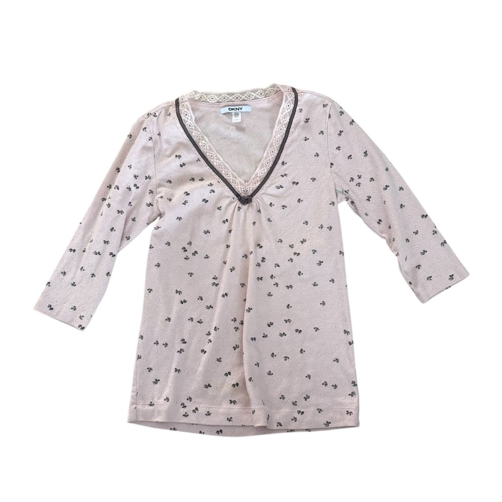 DKNY pink lace trim top with 3/4 sleeves and button front.